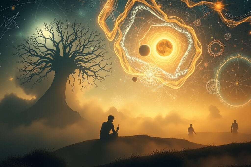 A dreamlike landscape where intricate mind maps and symbolic interpretations float in the foreground, hazy and ethereal. In the middle ground, surreal silhouettes of sleeping figures, their dreams manifesting as shimmering wisps. The background is a swirling galaxy of subconscious imagery, with celestial bodies and abstract patterns pulsing with an otherworldly light. The entire scene is bathed in a soft, diffused glow, creating an atmosphere of contemplative wonder. Cinematic camera angle with a slightly elevated perspective to convey the sense of delving into the depths of the dreamscape.