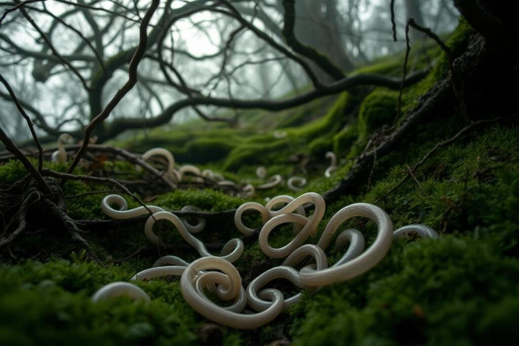 A dreamlike landscape where worms slither through lush, verdant undergrowth. In the foreground, translucent worms undulate, their pale, serpentine bodies winding between tangled roots and damp moss. Overhead, a canopy of twisted, gnarled branches filters soft, diffused light, casting ethereal shadows that dance across the scene. The atmosphere is one of quiet, unsettling tranquility, as if the viewer has stumbled upon a secret, subterranean world. Muted tones of green, brown, and gray create a muted, almost monochromatic palette, heightening the sense of a surreal, subconscious realm. Depth of field is used to draw the eye inward, towards the mesmerizing movement of the worms, suggesting a deeper, symbolic meaning to their presence.