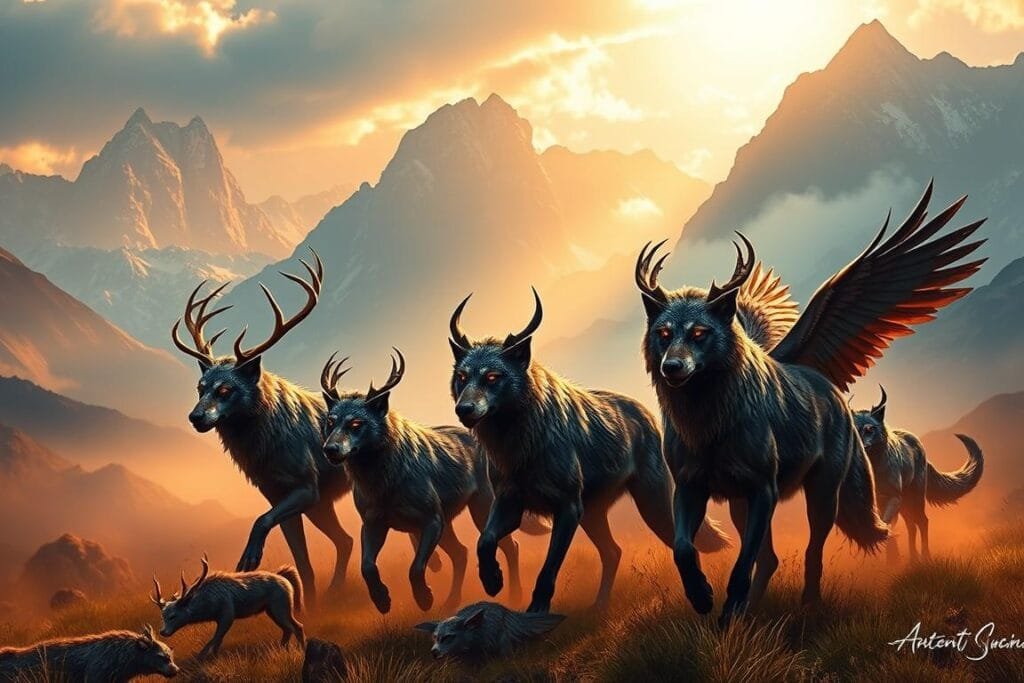 A dreamlike landscape with towering mountains in the background, bathed in a warm, golden light. In the foreground, a pack of mythological canines emerges from the mist, their eyes gleaming with an otherworldly intelligence. These fantastical hounds possess the features of various legendary creatures - the rugged physique of wolves, the regal horns of stags, and the majestic wings of griffins. They move with a fluid, ethereal grace, as if they inhabit both the physical and the spiritual realms. The scene exudes a sense of profound mystery and ancient power, inviting the viewer to ponder the timeless significance of these mythical guardians.