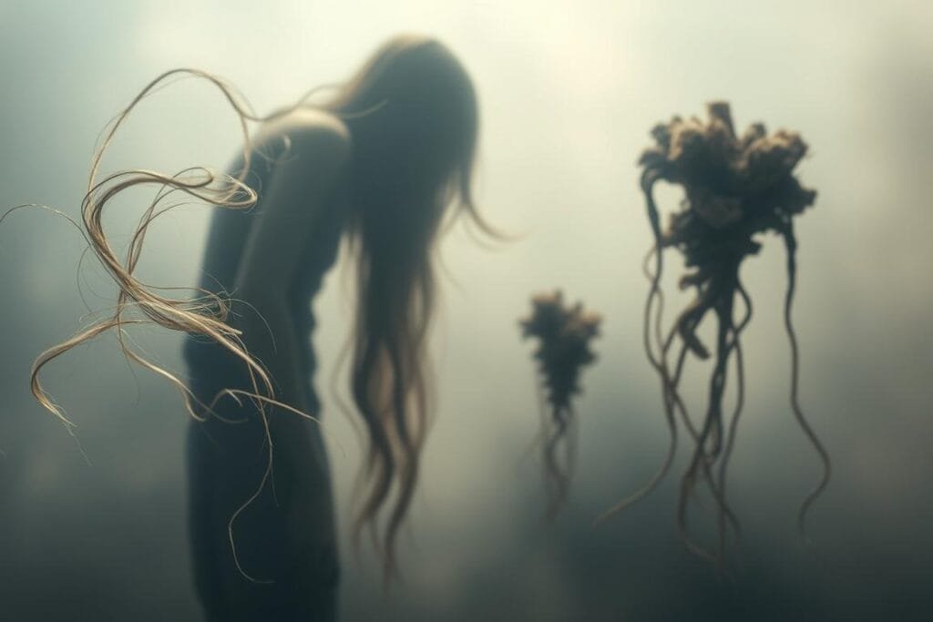 A dreamlike scene depicting various manifestations of hair loss. In the foreground, wispy strands of hair float weightlessly, drifting away from a troubled figure shrouded in shadows. In the middle ground, clumps of hair cascade down, transforming into abstract organic shapes that evoke a sense of unease. The background is hazy, with muted colors and a soft focus, creating an atmosphere of uncertainty and the subconscious. Subtle lighting shifts draw attention to the dynamic, ever-changing nature of these hair loss visions. The overall mood is pensive, introspective, and tinged with a hint of the surreal.