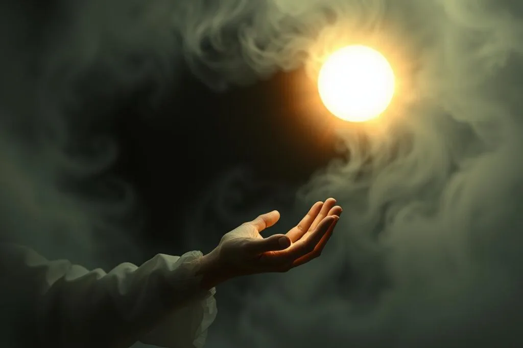 A dreamlike scene of a dead person handing a glowing, ethereal object to the viewer. The foreground features the deceased figure, rendered in muted, ghostly tones, their expression serene and benevolent. The object they offer is a radiant, otherworldly sphere of light, casting a warm, mystical glow. In the middle ground, an inky void swirls with soft, wispy tendrils, suggesting a liminal, transcendent space. The background is obscured in a dense, foggy haze, adding to the sense of mystery and the unknown. Soft, diffused lighting creates a contemplative, introspective atmosphere, inviting the viewer to ponder the deeper meaning of this symbolic encounter.