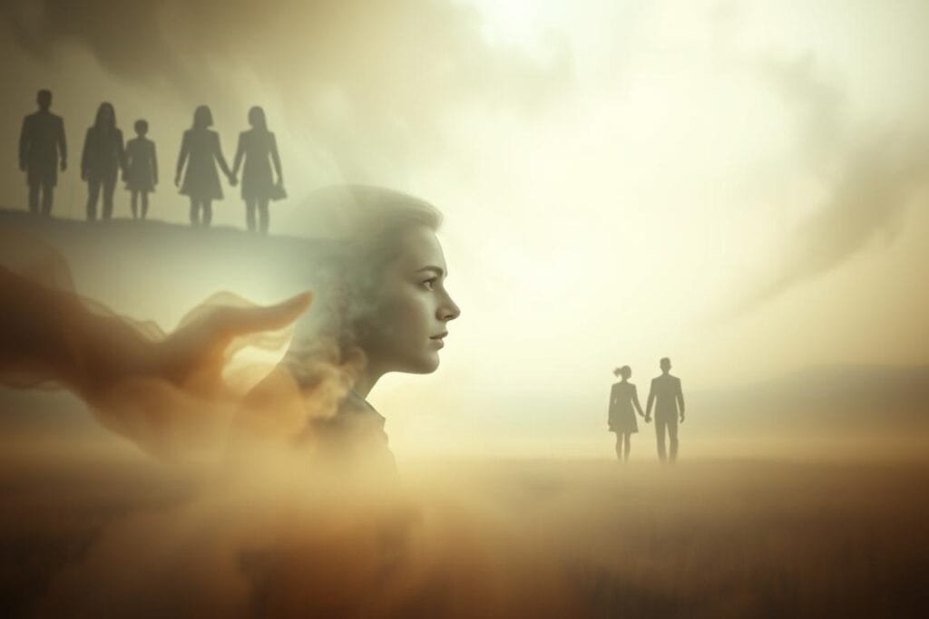 A dreamlike scene of psychological interpretations of dreams about old friends. In the foreground, a surreal portrait of a person's face emerging from a swirling mist of memories and emotions. The middle ground features silhouettes of familiar figures, representing the lingering presence of past relationships. The background is a hazy, atmospheric landscape, suggesting the subconscious realm where these dream narratives unfold. Soft, muted tones create a pensive, introspective mood, inviting the viewer to contemplate the deeper meanings behind dreams of reconnecting with old acquaintances. Subtle lighting casts a warm, nostalgic glow, guiding the eye through this deeply personal, psychological exploration.