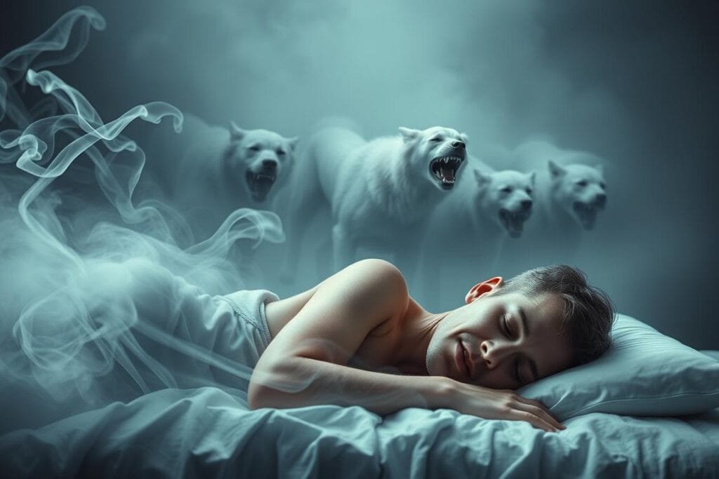 A dreamscape exploring the psychological insights into dog bite dreams. In the foreground, a human figure lies sleeping, their expression troubled. Swirling around them, wispy tendrils of smoke and mist suggest the subconscious realm of dreams. In the middle ground, a pack of ghostly canines converge, their teeth bared, hinting at the primal fears and anxieties manifested in the dream. The background is shrouded in a hazy, ethereal atmosphere, creating a sense of the liminal space between waking and sleeping. Soft, muted lighting casts a pensive, contemplative mood, inviting the viewer to ponder the hidden meanings and emotional undercurrents of this dream imagery.
