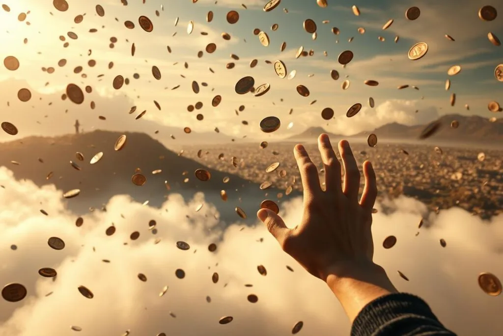 A dreamscape filled with floating, swirling coins. In the foreground, a person's hands reaching out, grasping at the elusive coins as they slip through their fingers. The middle ground features a surreal landscape, with coins raining down from the sky, dancing and twisting in the air. In the background, distant shadowy figures are seen chasing after the disappearing coins, a sense of urgency and frustration palpable. The lighting is soft and dreamlike, with a warm, hazy glow. The composition has a sense of movement and fluidity, capturing the ephemeral nature of the coin-filled dream. The overall mood is one of wonder, loss, and the fleeting nature of material wealth. A dreamscape filled with floating, swirling coins. In the foreground, a person's hands reaching out, grasping at the elusive coins as they slip through their fingers. The middle ground features a surreal landscape, with coins raining down from the sky, dancing and twisting in the air. In the background, distant shadowy figures are seen chasing after the disappearing coins, a sense of urgency and frustration palpable. The lighting is soft and dreamlike, with a warm, hazy glow. The composition has a sense of movement and fluidity, capturing the ephemeral nature of the coin-filled dream. The overall mood is one of wonder, loss, and the fleeting nature of material wealth.