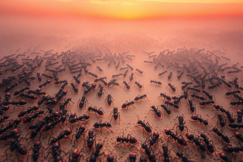 A dreamscape filled with swarms of black and red ants, crawling and scurrying across a surreal landscape. In the foreground, the ants move with purpose, their intricate patterns of movement and color creating a mesmerizing visual tapestry. The middle ground is dominated by a hazy, ethereal quality, with the ants seemingly suspended in a state of limbo. In the background, a distant and enigmatic horizon, tinged with hues of red and orange, adds to the sense of mystery and the subconscious realm. Soft, diffused lighting casts a warm, otherworldly glow, evoking the dreamlike nature of the scene. The composition is balanced and dynamic, capturing the essence of the common scenarios encountered in ant dreams.