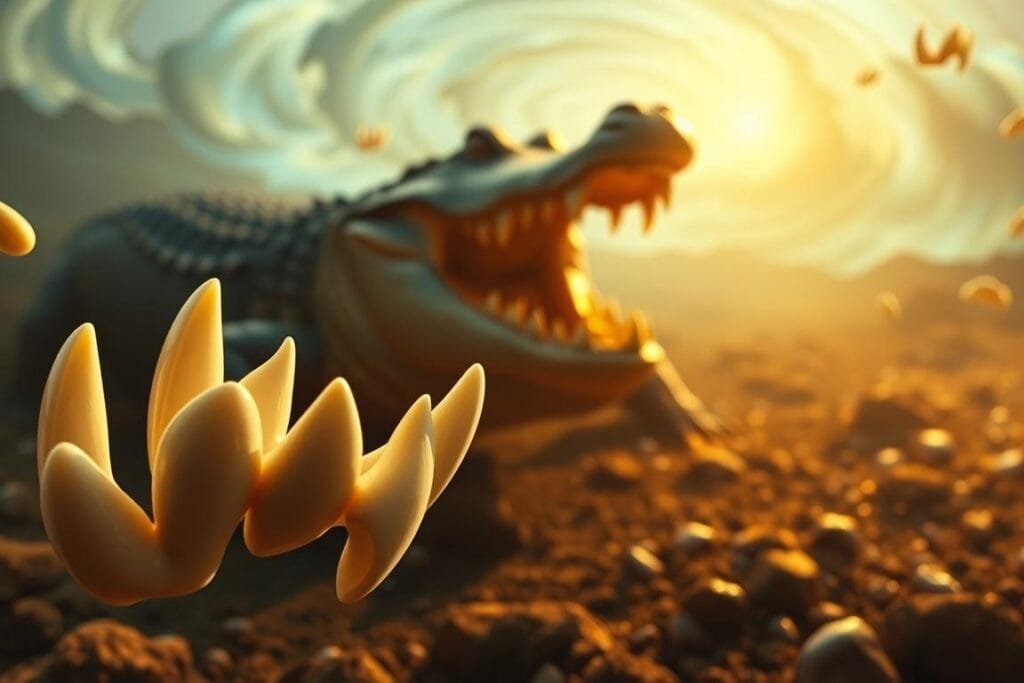 A dreamscape filled with symbolic teeth, hinting at the deeper significance of alligator dreams. In the foreground, a cluster of pearly white teeth float, their sharp edges glinting in a warm, golden light. In the middle ground, a shadowy alligator figure emerges, its jaws agape, revealing a maw of gnashing teeth. The background is a swirling, ethereal landscape, suggesting the subconscious realm of dreams. The overall atmosphere is one of contemplation, inviting the viewer to unravel the symbolic meaning behind the teeth imagery and its connection to alligator dream symbolism.