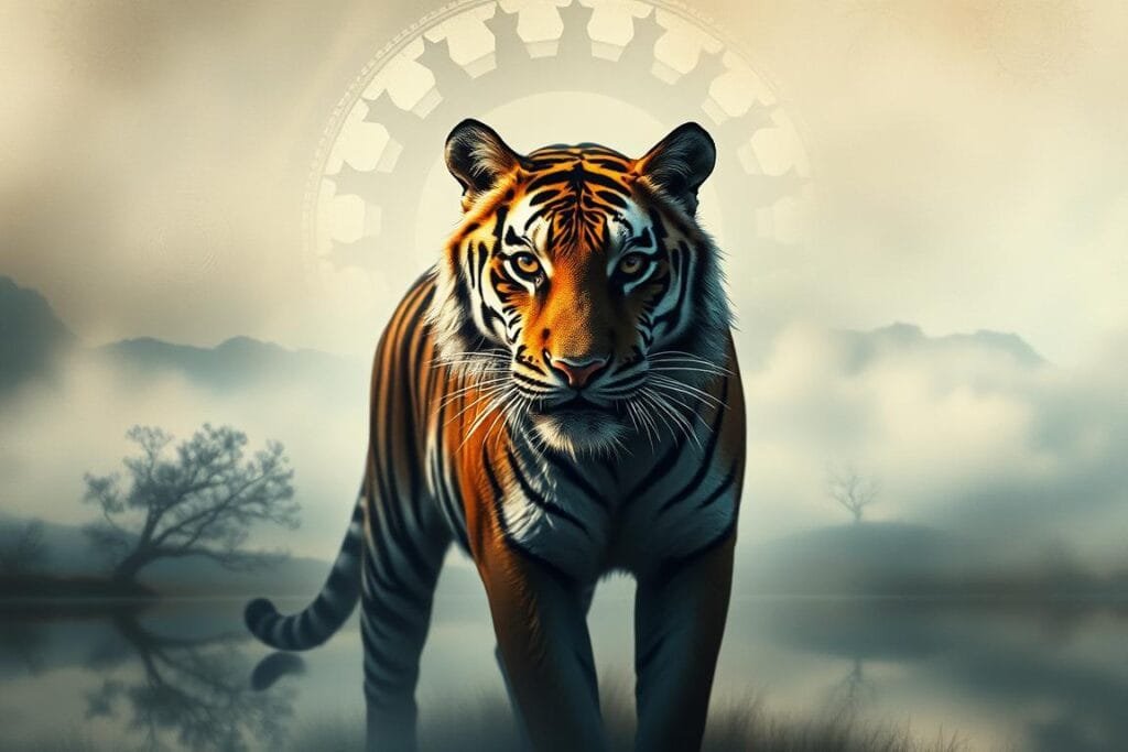 A dreamscape of a captivating tiger, its powerful presence commanding the canvas. In the foreground, the feline's intense gaze pierces the viewer, its stripes casting intricate shadows across a serene, mist-shrouded landscape. In the middle ground, a tranquil lake reflects the tiger's form, creating a sense of duality and introspection. The background is a realm of subconscious symbolism, with abstract shapes and patterns swirling in a hazy, ethereal atmosphere, evoking the psychological depths of the tiger dream. Soft, diffused lighting casts a contemplative mood, inviting the viewer to ponder the hidden meanings and archetypes that the tiger represents within the human psyche.