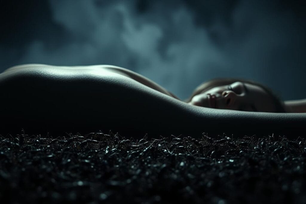 A dreamscape of crawling ants, their delicate forms scurrying across a human body shrouded in shadow. The foreground depicts the intricate, patterned movements of the insects, their antennae twitching with purpose. In the middle ground, the figure lies still, eyes closed, skin glistening with the ethereal sheen of sleep. The background fades into a hazy, indistinct realm, as if the boundaries between waking and dreaming have blurred. Moody, chiaroscuro lighting casts dramatic shadows, evoking a sense of unease and the subconscious. Captured with a cinematic, high-contrast lens, this image explores the deeper meanings and symbolism behind the experience of ants crawling on the body in a dream.