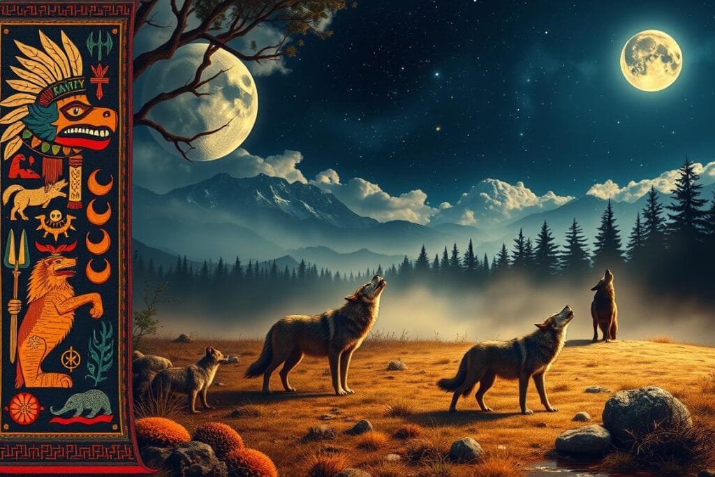 A dreamscape of cultural symbols and perspectives on wolves, set against a serene landscape. In the foreground, a vibrant tapestry depicting wolf mythology from diverse traditions - Native American totem, Norse Fenrir, Asian mountain spirit. In the middle ground, a wolf pack roams through a misty forest, their eyes reflecting ancient wisdom. The background features a starry night sky, with the silhouette of a lone wolf howling at the moon, embodying the duality of the wolf's place in human consciousness. Warm, earthy tones and soft lighting create a contemplative, mystical atmosphere.