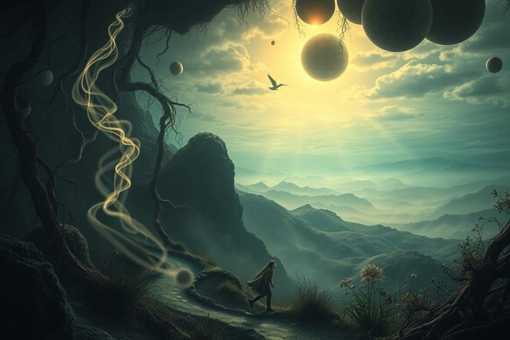 A dreamscape of introspective exploration, a surreal landscape where the subconscious manifests. In the foreground, a figure navigates a labyrinth of tangled vines and winding paths, representing the complexities of the psyche. Ethereal, mist-like wisps emanate from the figure, symbolizing the elusive nature of the unconscious mind. The middle ground features a vast expanse of rolling hills and distant mountain ranges, evoking a sense of depth and the vastness of the inner world. The background is illuminated by a softly glowing, otherworldly light, casting a contemplative and mystical atmosphere. Subtle textures and organic forms throughout create a sense of depth and dimensionality, guiding the viewer's gaze into the depths of the psychological dreamscape.