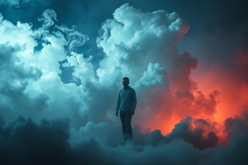 A dreamscape of swirling mist and ethereal shapes, illuminated by a soft, celestial glow. In the foreground, a solitary figure, their face obscured, symbolizing the introspective nature of recurring dreams. Surrounding them, disjointed fragments of memories and emotions, represented by abstract forms and shifting hues. The middle ground blends these elements, creating a sense of interconnectedness between the conscious and subconscious realms. In the background, a vast, cosmic expanse, hinting at the depth and complexity of the human psyche. The lighting is moody and atmospheric, casting long shadows and creating a sense of depth and mystery. The overall composition conveys the profound relationship between recurring dreams and mental well-being.