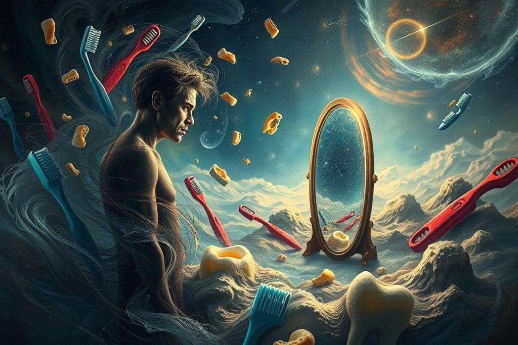 A dreamscape reflecting the emotional and subconscious meanings behind brushing teeth. In the foreground, a figure stands amidst a swirling miasma of colors and textures, their face contorted in a pensive expression as they gaze into a mirror that shimmers with an otherworldly glow. Surrounding them, fragments of broken teeth and toothbrushes float in the air, hinting at a deeper psychological narrative. The middle ground is a shifting landscape of abstract shapes and forms, suggesting the turbulent nature of the subconscious mind. In the background, a cosmic backdrop of stars and celestial bodies casts a serene, contemplative mood, hinting at the universal significance of this dream symbol. Lighting is dramatic, with deep shadows and highlights that accentuate the emotional intensity of the scene. The overall effect is one of a surreal, dreamlike quality that invites the viewer to ponder the rich, symbolic meaning of brushing teeth in dreams.