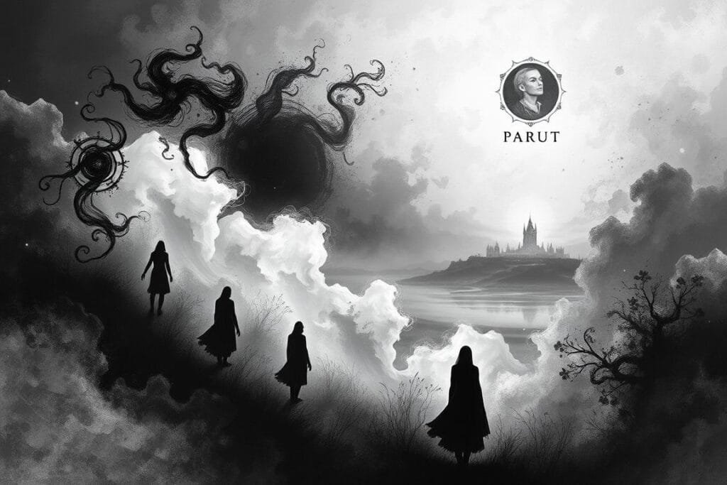 A dreamscape unfolds, bathed in a monochromatic palette of blacks, grays, and whites. In the foreground, ethereal figures emerge, their forms hazy and indistinct, as if glimpsed through a veil. Swirling shapes and abstract patterns dance across the canvas, reflecting the subconscious workings of the mind. In the distance, a shadowy landscape looms, its structures and features obscured, hinting at the hidden depths of the psyche. Soft, diffused lighting casts a contemplative atmosphere, inviting the viewer to ponder the mysteries of the dream world and its psychological significance. A sense of introspection and exploration pervades the scene, capturing the essence of "Psychological Interpretations of Black and White Dreams".