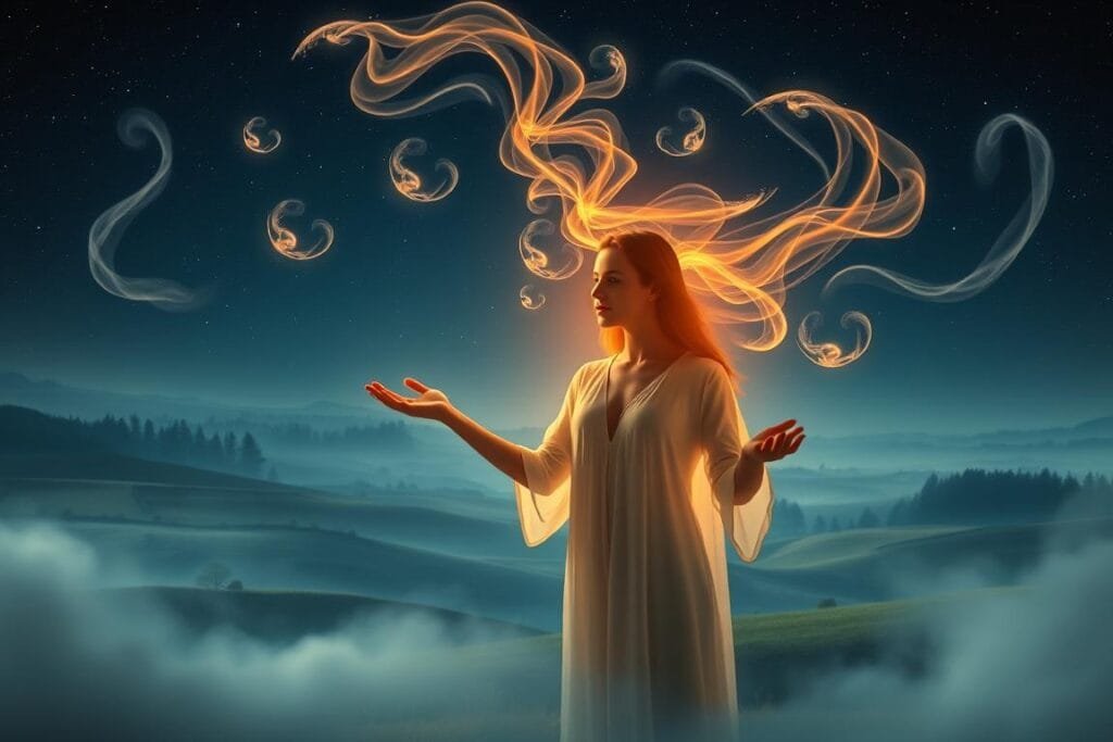 A dreamy, ethereal scene depicting the prevention of fever dreams. In the foreground, a serene figure, bathed in soft, warm lighting, gently dispels swirling, ghostly tendrils of nightmare energy with outstretched hands. The middle ground features a tranquil, pastoral landscape with rolling hills and a distant, hazy forest. The background is filled with a starry, midnight-blue sky, hinting at the subconscious realm of dreams. The overall mood is one of calm, magical realism, where the boundary between waking and sleeping is blurred, and the power of the mind triumphs over the dark forces of the fever dream.