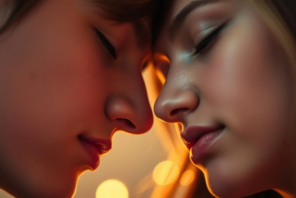 A dreamy, soft-focus close-up of two young adults' faces gently touching, their eyes closed and expressions serene, conveying the delicate, intimate feeling of "crush" or unrequited love. Warm, diffused lighting illuminates their features, creating a sense of tender vulnerability. The background is subtly blurred, placing the focus entirely on the emotional connection between the subjects. Captured with a shallow depth of field and a slightly tilted camera angle to enhance the intimate, personal quality of the moment. A dreamy, soft-focus close-up of two young adults' faces gently touching, their eyes closed and expressions serene, conveying the delicate, intimate feeling of "crush" or unrequited love. Warm, diffused lighting illuminates their features, creating a sense of tender vulnerability. The background is subtly blurred, placing the focus entirely on the emotional connection between the subjects. Captured with a shallow depth of field and a slightly tilted camera angle to enhance the intimate, personal quality of the moment.