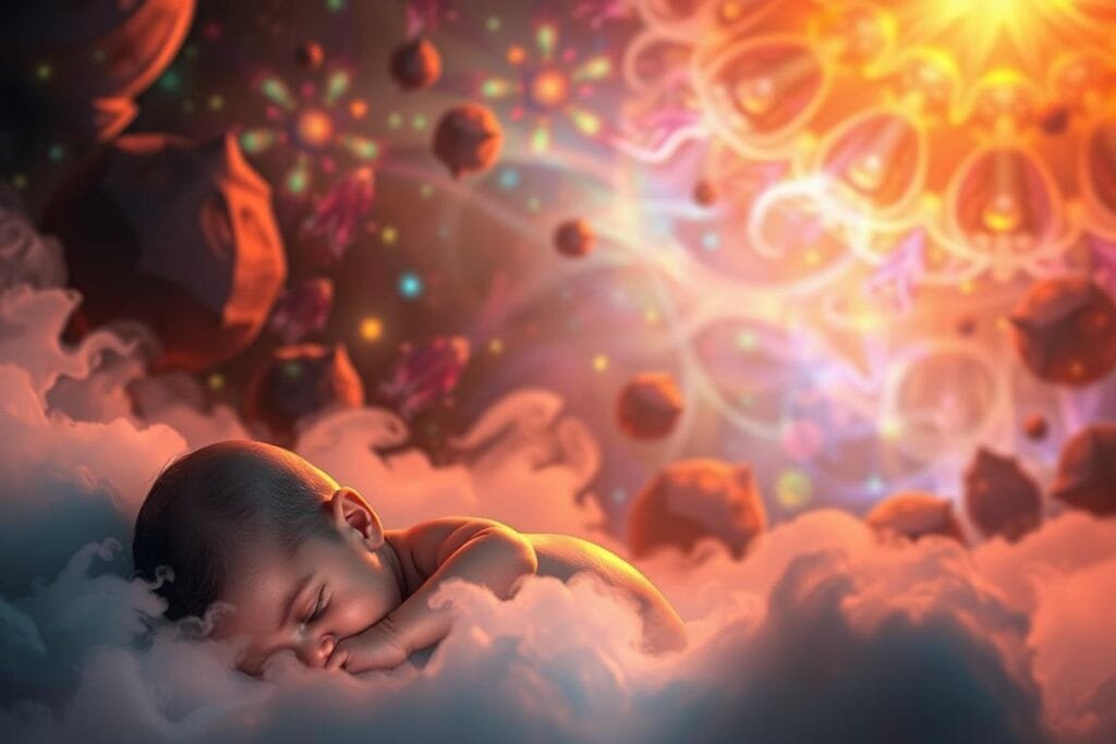 A fantastical dreamscape, illuminated by a warm, hazy glow. In the foreground, a non-human baby slumbers peacefully, its ethereal features blending with the ethereal mist that surrounds it. Mysterious, unidentifiable shapes and forms swirl in the middle ground, hinting at the otherworldly nature of this dreamscape. The background is a kaleidoscope of shifting, colorful patterns, creating a sense of depth and mystery. The lighting is soft and diffused, lending an otherworldly, dreamlike quality to the scene. The overall mood is one of tranquility, wonder, and the boundless imagination of the subconscious.