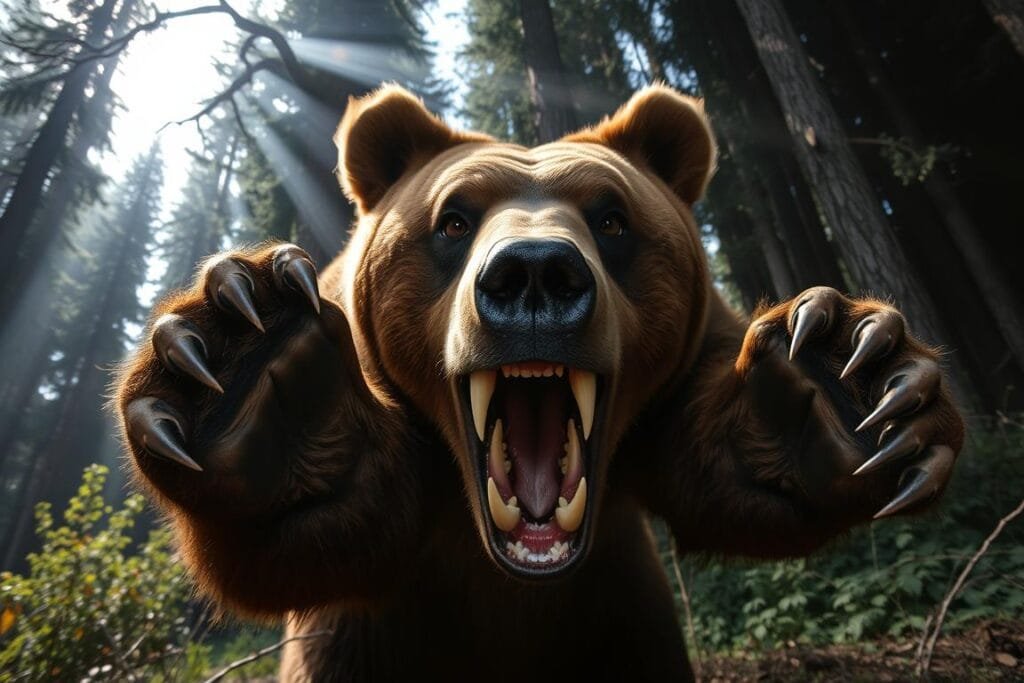 A ferocious brown bear, its massive claws outstretched, lunging towards the viewer with teeth bared in a snarling attack. The bear's eyes are wild and intense, its fur standing on end as it charges aggressively. The scene is set in a dense, shadowy forest with tall, gnarled trees and thick underbrush in the background, creating a sense of danger and isolation. The lighting is dramatic, with shafts of light filtering through the canopy and casting deep shadows across the bear's powerful body. The perspective is from a low angle, emphasizing the bear's imposing size and the viewer's vulnerability. An unsettling, tense atmosphere permeates the image, reflecting the fear and alarm of being confronted by a predatory bear in an isolated, wilderness setting.
