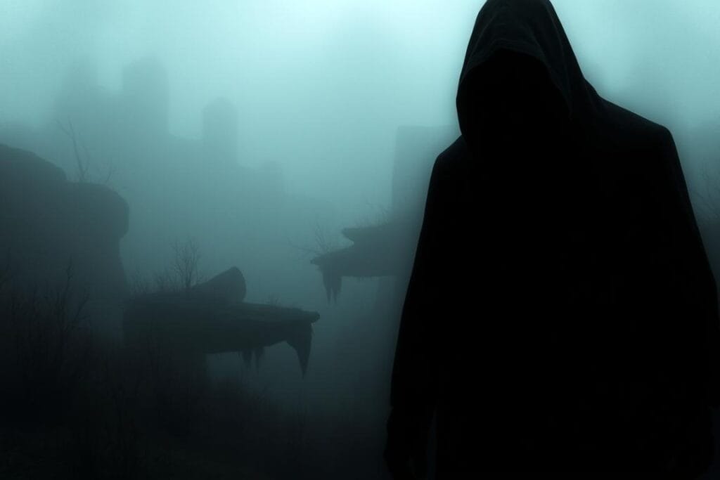 A gloomy, unsettling dream landscape where a shadowy, ominous figure looms large in the foreground, their face obscured by deep shadows. In the middle ground, a sense of unease permeates the surroundings, with a muted color palette and eerie lighting that creates an atmosphere of discomfort. The background fades into a hazy, indistinct void, amplifying the sense of isolation and unease. The overall mood is one of unease, as if the viewer is being watched by an unseen, malevolent presence.