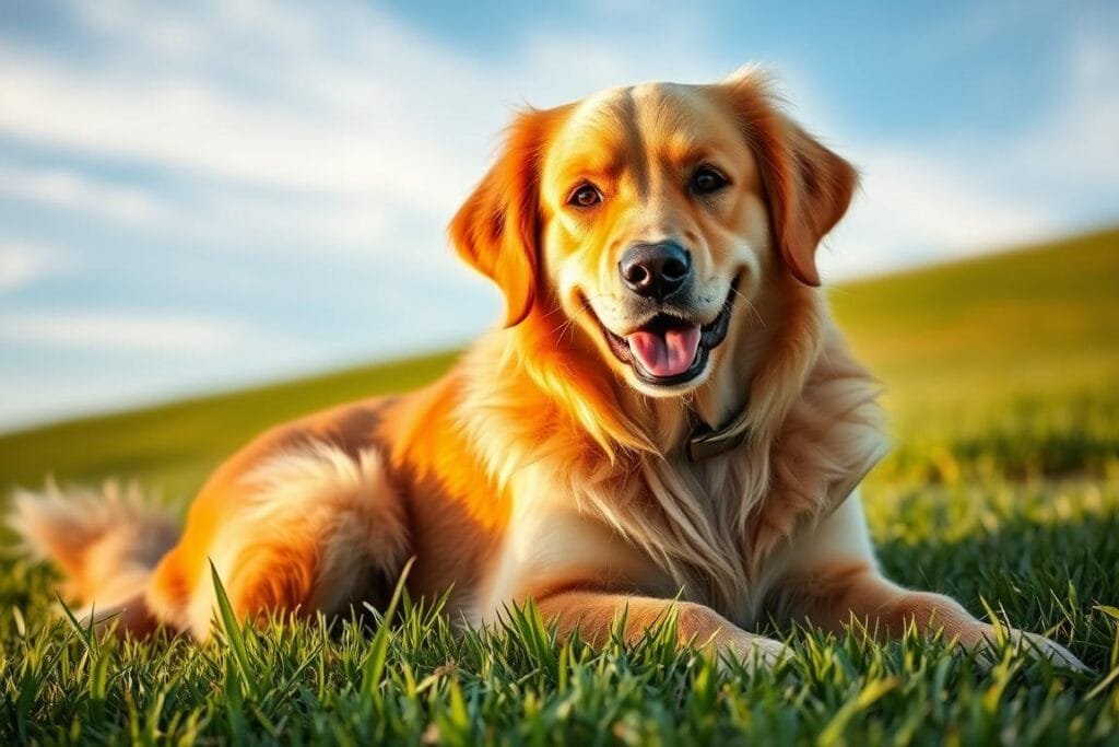 A golden retriever dog, its fluffy coat gleaming in the soft, warm sunlight, sits contentedly on a lush, green meadow. Its gentle eyes radiate happiness and calm, conveying a sense of inner peace and well-being. In the background, a serene blue sky with wispy clouds creates a soothing, tranquil atmosphere. The dog's posture is relaxed, its tail wagging lazily, suggesting a deep connection with the natural world. This scene of a happy, harmonious dog symbolizes hope, positivity, and the reassuring presence of a loyal, affectionate companion.