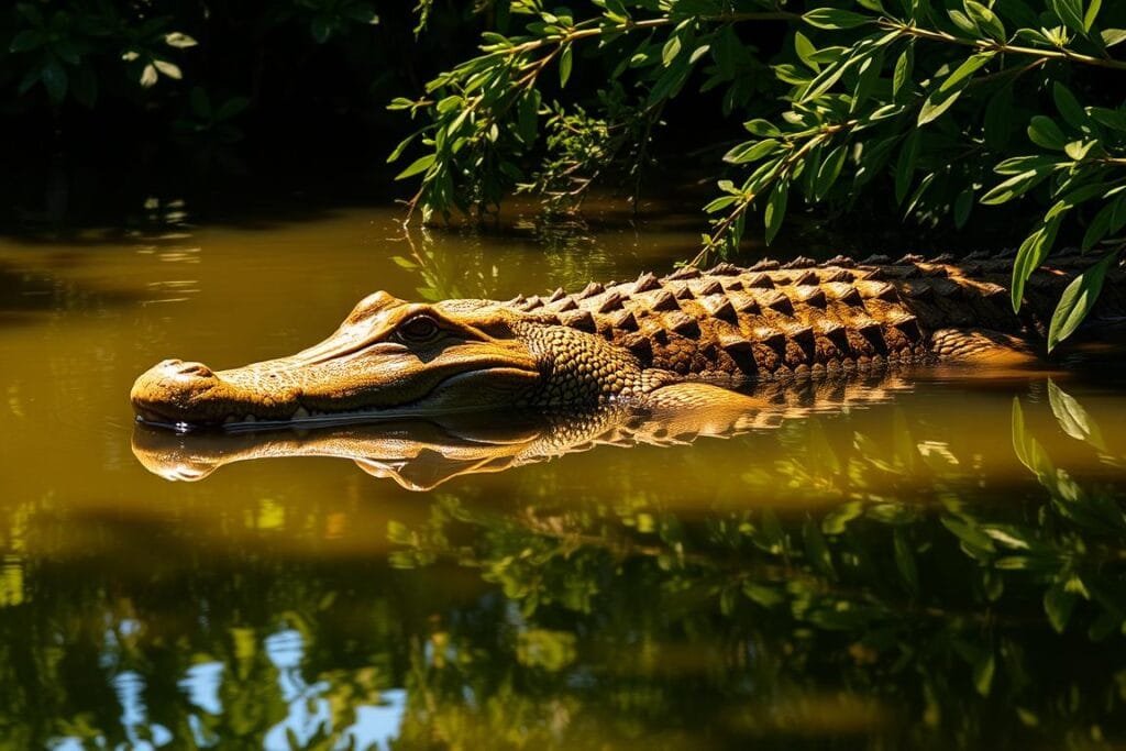 A large, powerful crocodile glides gracefully through a tranquil, sun-dappled pond. Its scaly, olive-green body is partially submerged, its eyes and snout just breaking the surface of the still, reflective water. Lush, verdant vegetation surrounds the pond, creating a serene, natural atmosphere. Warm, soft lighting filters through the leaves, casting a gentle glow on the scene. The crocodile's movements are slow and deliberate, conveying a sense of ancient, primordial power. This captivating image embodies the common scenario of encountering a crocodile in one's dreams, symbolizing deep-seated primal instincts, hidden dangers, or the need to confront challenging situations.