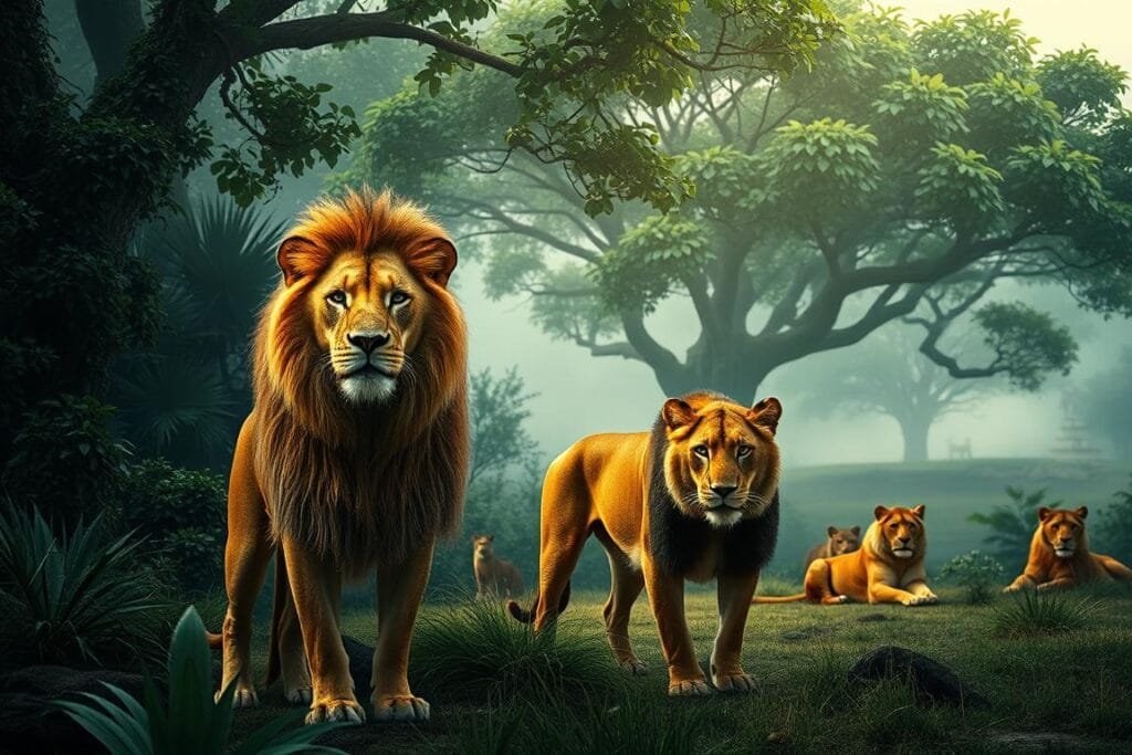 A lush, dreamlike landscape with various types of lions in the foreground, middle, and background. In the foreground, a majestic, golden-maned lion stands tall, its piercing gaze commanding attention. In the middle ground, a lioness prowls cautiously, her tawny coat shimmering in the soft, diffused lighting. In the distance, a pride of lions rests under a canopy of lush, verdant foliage, their forms hazy and ethereal, as if glimpsed through a veil. The overall mood is one of mysticism and introspection, inviting the viewer to ponder the deeper significance of these powerful feline symbols. Crisp, high-resolution, photorealistic, cinematic lighting, ultra-detailed.