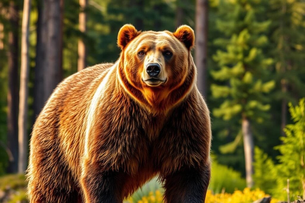 A majestic brown bear standing tall and proud, its powerful gaze conveying deep symbolism. In the foreground, the bear's fur shines with a warm, earthy hue, its muscular form exuding strength and primal energy. The middle ground features a serene forest backdrop, with towering trees and lush greenery, creating a sense of connection to the natural world. The lighting is soft and filtered, casting a golden glow that enhances the bear's regal presence. The overall composition evokes a sense of reverence and ancient wisdom, reflecting the bear's significance as a revered totem in many cultures.
