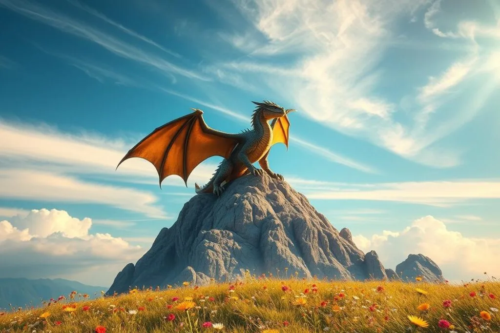 A majestic dragon perched atop a craggy mountain, its wings spread wide in a protective stance. The beast's scales glisten in the warm, golden light, radiating a sense of unwavering guardianship. In the foreground, a serene meadow dotted with vibrant wildflowers, while wispy clouds drift across a vast, azure sky. The dragon's piercing gaze surveys the peaceful landscape, its presence a powerful symbol of safety and security within the realm of dreams. Soft, diffused lighting creates a dreamlike atmosphere, evoking a sense of tranquility and wonder. A majestic dragon perched atop a craggy mountain, its wings spread wide in a protective stance. The beast's scales glisten in the warm, golden light, radiating a sense of unwavering guardianship. In the foreground, a serene meadow dotted with vibrant wildflowers, while wispy clouds drift across a vast, azure sky. The dragon's piercing gaze surveys the peaceful landscape, its presence a powerful symbol of safety and security within the realm of dreams. Soft, diffused lighting creates a dreamlike atmosphere, evoking a sense of tranquility and wonder.