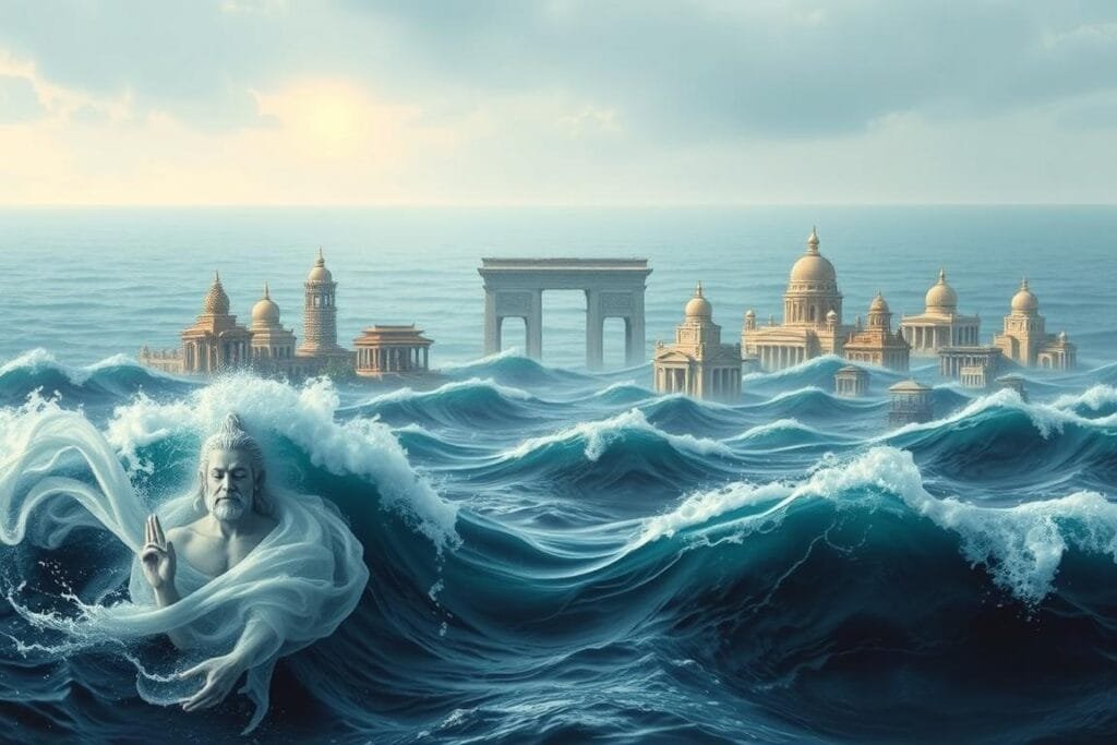 A majestic, dreamlike seascape with cultural motifs and symbols representing the interpretations of water dreams across different civilizations. In the foreground, ethereal figures emerge from crashing waves, embodying the spiritual and emotional significance of oceanic visions. The middle ground features ancient temples, shrines, and monuments from various traditions, each with unique architectural details that allude to the cultural significance of water. The background is a vast, horizon-less expanse of subtly shifting blues and greens, evoking the boundless, mystical nature of the sea. Soft, diffused lighting casts a sense of timelessness, as if the scene exists in a realm between the physical and the metaphysical. The overall composition conveys the depth, complexity, and universality of water dream symbolism throughout human history and across diverse cultures.