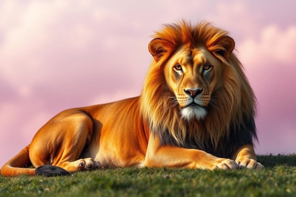 A majestic lion reclines on a lush, dreamlike landscape, its golden mane illuminated by a soft, ethereal light. The creature's regal posture and piercing gaze convey a sense of power and wisdom, hinting at the deeper meaning it may hold in the dreamer's subconscious. The background is blurred, with a lavender-hued sky and wispy clouds that add to the serene, otherworldly atmosphere. The composition emphasizes the lion's commanding presence, inviting the viewer to ponder the significance of this enigmatic creature within the realm of dreams.