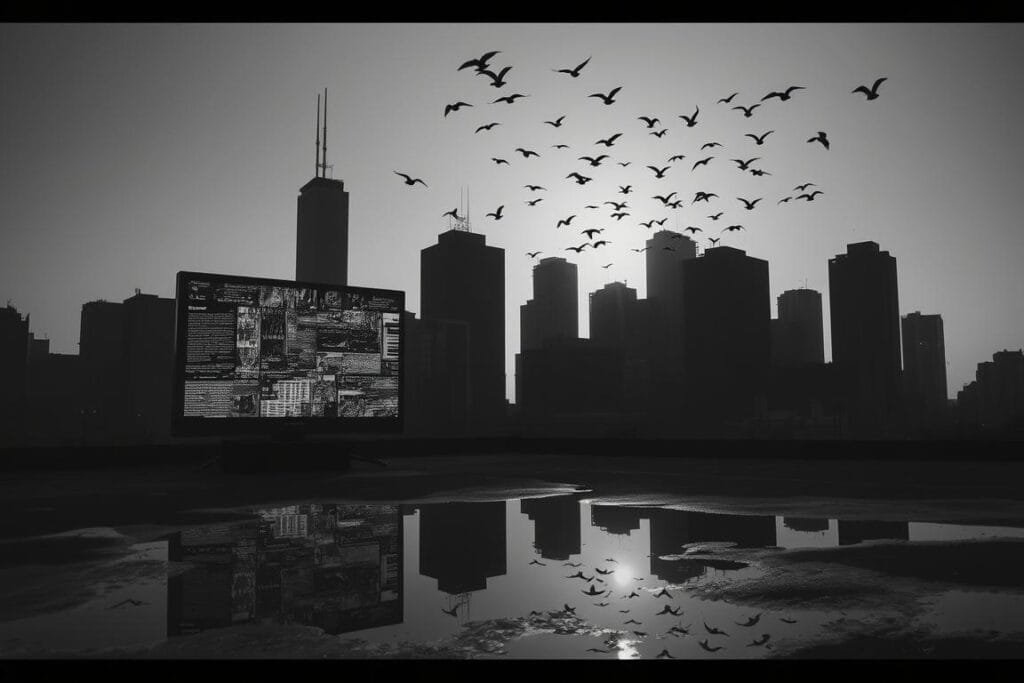 A monochrome cityscape reflecting in a puddle, the buildings casting long shadows. In the foreground, a TV screen glitches, its flickering light distorting the scene. Tendrils of static creep across the surface, blurring the line between reality and dream. Overhead, a swarm of birds takes flight, their silhouettes interrupting the stark geometry. The atmosphere is one of unease, hinting at the subtle influence of media on the subconscious. Cinematic lighting casts dramatic shadows, a high-contrast, dreamlike aesthetic. The overall mood is pensive, inviting the viewer to consider the interplay between technology, perception, and the workings of the mind.