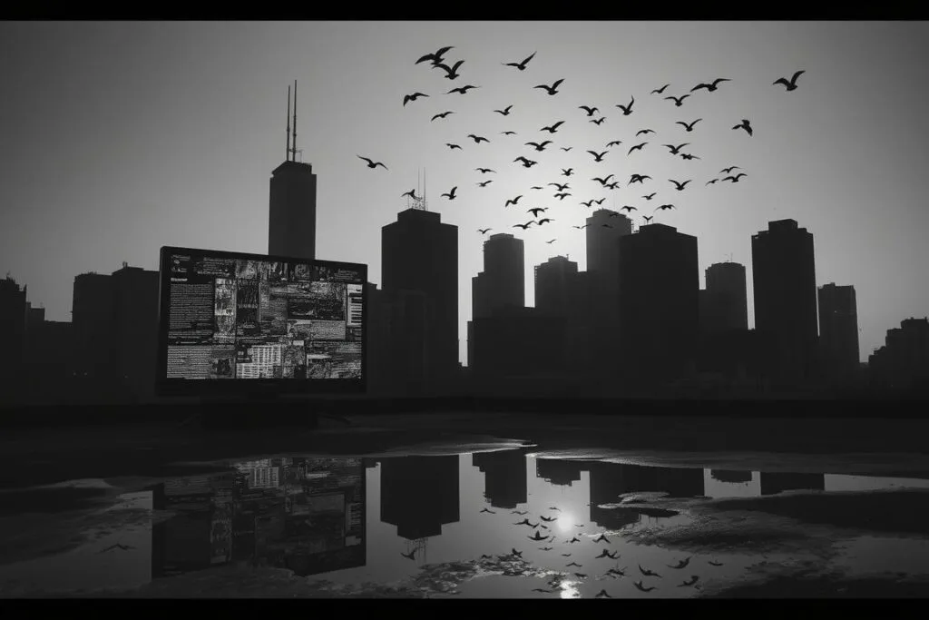 A monochrome cityscape reflecting in a puddle, the buildings casting long shadows. In the foreground, a TV screen glitches, its flickering light distorting the scene. Tendrils of static creep across the surface, blurring the line between reality and dream. Overhead, a swarm of birds takes flight, their silhouettes interrupting the stark geometry. The atmosphere is one of unease, hinting at the subtle influence of media on the subconscious. Cinematic lighting casts dramatic shadows, a high-contrast, dreamlike aesthetic. The overall mood is pensive, inviting the viewer to consider the interplay between technology, perception, and the workings of the mind. A monochrome cityscape reflecting in a puddle, the buildings casting long shadows. In the foreground, a TV screen glitches, its flickering light distorting the scene. Tendrils of static creep across the surface, blurring the line between reality and dream. Overhead, a swarm of birds takes flight, their silhouettes interrupting the stark geometry. The atmosphere is one of unease, hinting at the subtle influence of media on the subconscious. Cinematic lighting casts dramatic shadows, a high-contrast, dreamlike aesthetic. The overall mood is pensive, inviting the viewer to consider the interplay between technology, perception, and the workings of the mind.