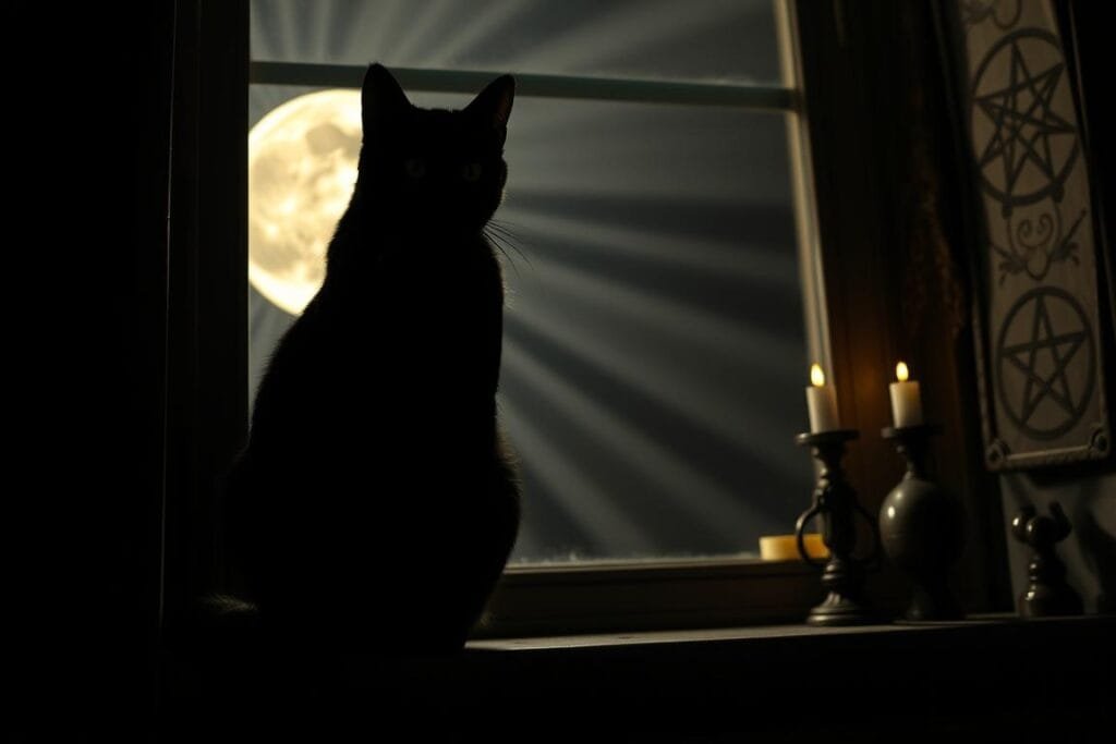 A mysterious black cat sits perched on a windowsill, its eyes gleaming with an otherworldly intelligence. The feline's silhouette is backlit by a full moon, casting long, dramatic shadows that fill the dimly lit room. In the background, occult symbols and esoteric artifacts adorn the walls, hinting at the cat's symbolic significance. The lighting is moody and atmospheric, creating a sense of mysticism and intrigue. The camera angle is slightly low, emphasizing the cat's regal presence and the captivating symbolism it embodies.