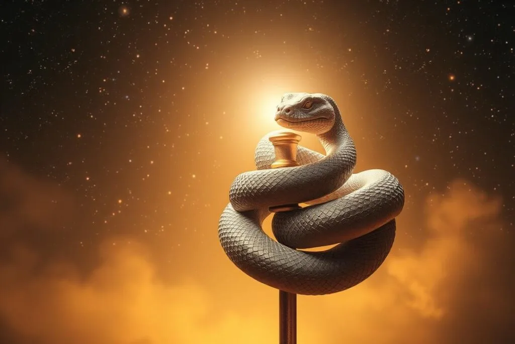 A mystical serpent entwined around a symbolic staff, its scales shimmering with an iridescent glow. In the background, a cosmic constellation of stars and nebulae, casting an ethereal illumination. The serpent's eyes are closed, its expression serene, conveying a sense of ancient wisdom and spiritual insight. Soft, warm lighting bathes the scene, creating an atmosphere of contemplation and inner reflection. The composition is balanced, with the serpent and staff occupying the central focus, surrounded by the expansive, otherworldly backdrop. A sense of timelessness and connection to the divine permeates the image. A mystical serpent entwined around a symbolic staff, its scales shimmering with an iridescent glow. In the background, a cosmic constellation of stars and nebulae, casting an ethereal illumination. The serpent's eyes are closed, its expression serene, conveying a sense of ancient wisdom and spiritual insight. Soft, warm lighting bathes the scene, creating an atmosphere of contemplation and inner reflection. The composition is balanced, with the serpent and staff occupying the central focus, surrounded by the expansive, otherworldly backdrop. A sense of timelessness and connection to the divine permeates the image.