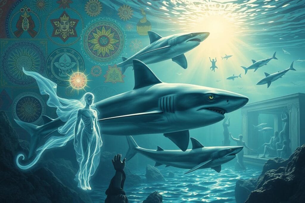 A mystical underwater realm where diverse cultural and mythological shark archetypes converge. In the foreground, a serene shark spirit guides a dreamer, its ethereal form shimmering with otherworldly energy. Surrounding them, vibrant patterns and symbols reflect the rich tapestry of global shark mythologies. The middle ground features ghostly apparitions of shark deities, their watchful gazes peering through shimmering currents. In the distant background, an ancient seascape unfolds, hinting at the profound connections between sharks, dreams, and the collective human psyche. Soft, diffused lighting imbues the scene with a sense of reverence and tranquility, inviting the viewer to ponder the deep, symbolic significance of shark dreams.