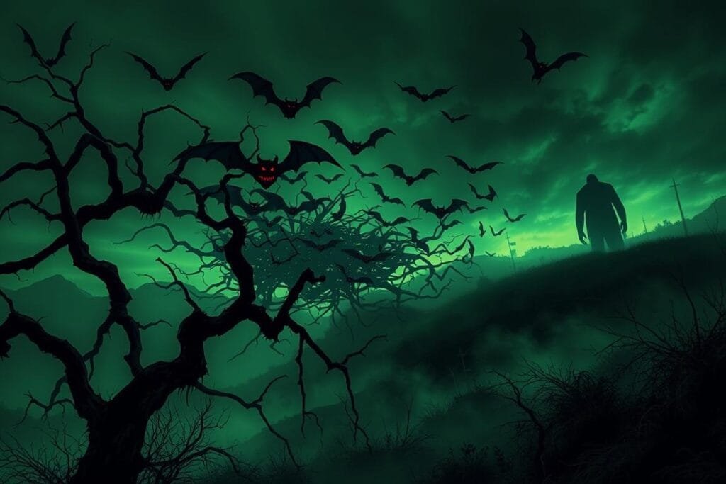 A nightmarish landscape, illuminated by an eerie, sickly green glow. In the foreground, a twisted, gnarled tree stretches its spindly branches towards the viewer, its twisted limbs casting unsettling shadows. Hovering in the middle ground, a swarm of dark, winged creatures - bats, demons, or some otherworldly beings - converge, their glowing red eyes and gaping maws suggesting a sense of menace and dread. In the distance, a looming, shadowy figure - a faceless, hulking presence that lurks on the horizon, hinting at the underlying fears and anxieties that haunt the subconscious. The scene is shrouded in an oppressive, foreboding atmosphere, creating a sense of unease and the unsettling feeling that something sinister is just out of sight.
