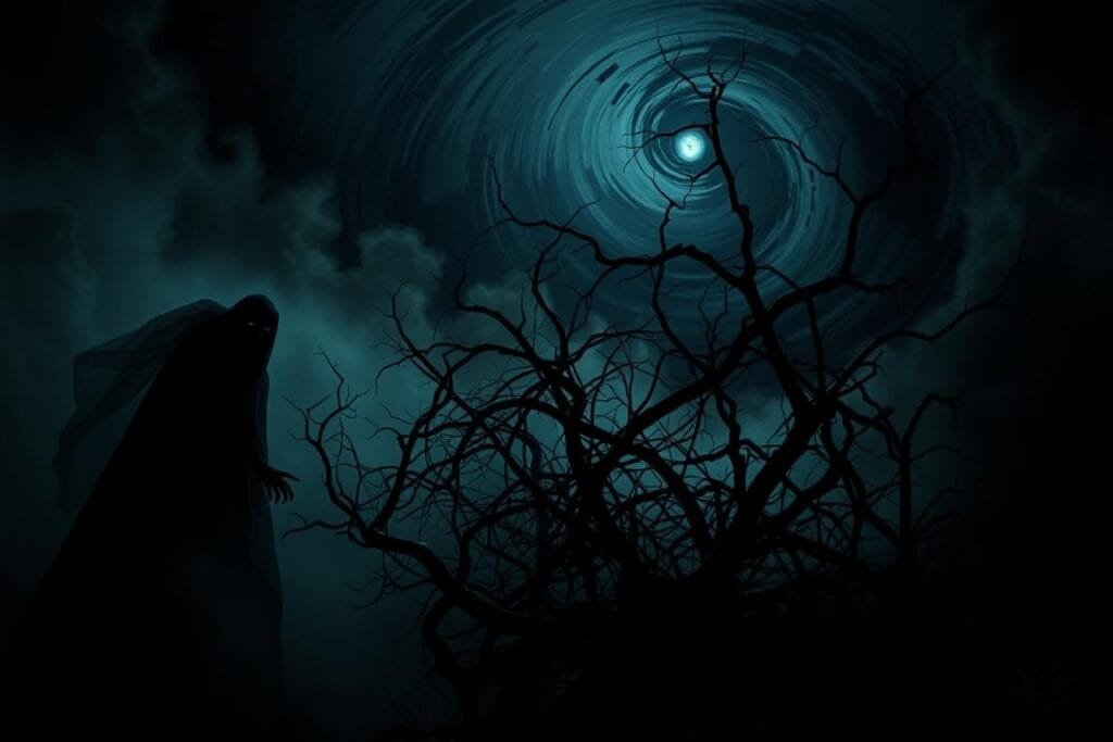 A nightmarish realm unfolds, a canvas of darkness where shadows dance and fears come to life. In the foreground, a haunting figure emerges, its features obscured by a veil of mist, its presence a warning to the unsuspecting. The middle ground is a tangle of twisted, gnarled branches, reaching out like bony fingers, casting an ominous spell. The background is a swirling maelstrom of inky blackness, punctuated by flashes of otherworldly light, hinting at the unseen forces that govern this dreamscape. The lighting is low and moody, creating a sense of unease and foreboding, as if the very air is thick with unspoken danger. The overall mood is one of unease and trepidation, a reflection of the subconscious mind's ability to conjure warnings in the form of nightmares.