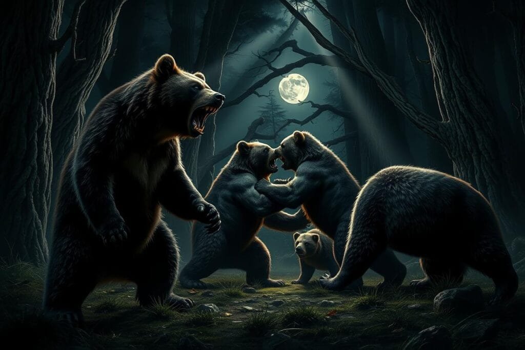 A pack of aggressive, snarling bears prowling through a dark, ominous forest. In the foreground, a large male bear stands upright, hackles raised, teeth bared, and claws extended, ready to attack. In the middle ground, two more bears circle each other, locked in a fierce battle, their fur bristling and muscles rippling. In the background, the trunks of ancient, gnarled trees loom, casting long shadows over the scene. The lighting is dramatic, with beams of moonlight filtering through the canopy, casting an eerie, chiaroscuro effect. The overall atmosphere is one of tension, danger, and primal, unbridled fury.