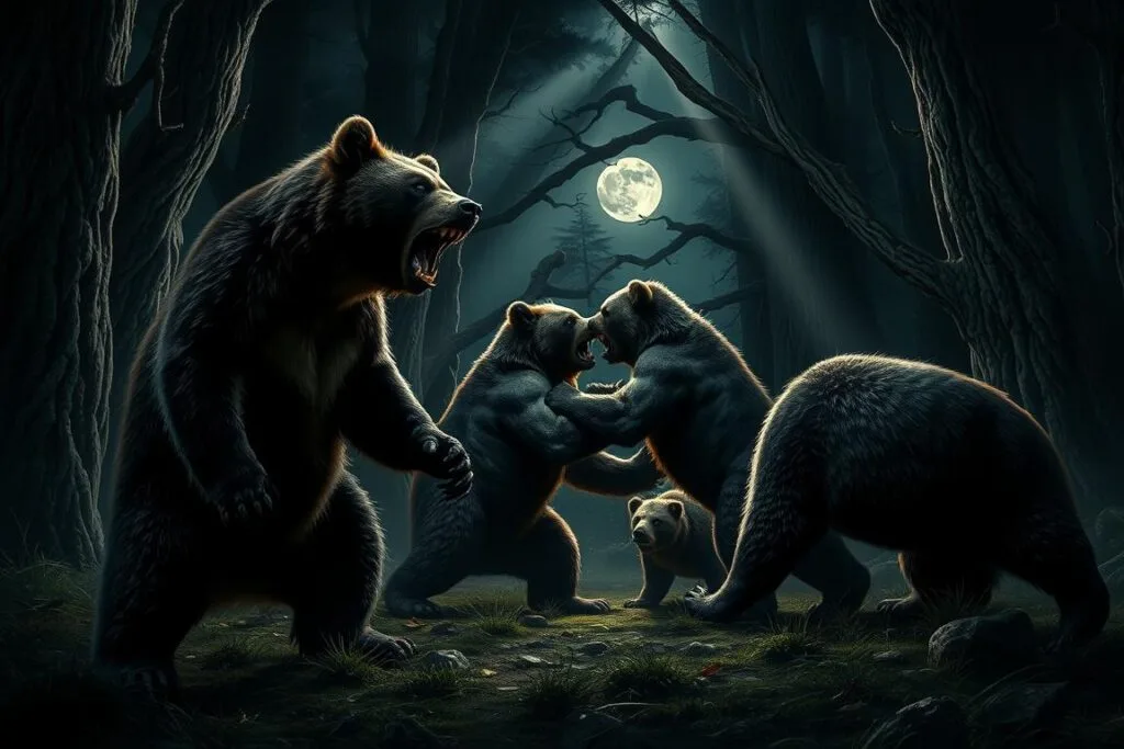 A pack of aggressive, snarling bears prowling through a dark, ominous forest. In the foreground, a large male bear stands upright, hackles raised, teeth bared, and claws extended, ready to attack. In the middle ground, two more bears circle each other, locked in a fierce battle, their fur bristling and muscles rippling. In the background, the trunks of ancient, gnarled trees loom, casting long shadows over the scene. The lighting is dramatic, with beams of moonlight filtering through the canopy, casting an eerie, chiaroscuro effect. The overall atmosphere is one of tension, danger, and primal, unbridled fury. A pack of aggressive, snarling bears prowling through a dark, ominous forest. In the foreground, a large male bear stands upright, hackles raised, teeth bared, and claws extended, ready to attack. In the middle ground, two more bears circle each other, locked in a fierce battle, their fur bristling and muscles rippling. In the background, the trunks of ancient, gnarled trees loom, casting long shadows over the scene. The lighting is dramatic, with beams of moonlight filtering through the canopy, casting an eerie, chiaroscuro effect. The overall atmosphere is one of tension, danger, and primal, unbridled fury.