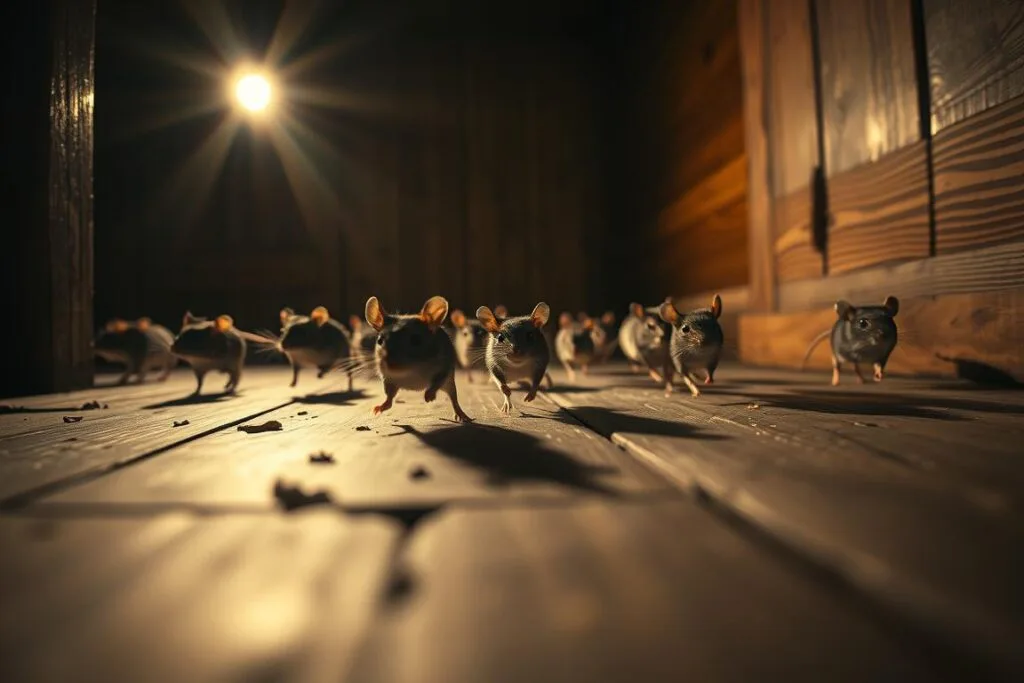 A pack of mice scurrying across a dimly lit wooden floor, their small bodies casting quick shadows in the soft, warm glow of a single overhead light. The mice dart between loose floorboards, their whiskers twitching as they search for hidden crumbs. The scene is framed from a low angle, capturing the frenetic energy of the mice as they flee unseen threats, their movements blurred yet distinct. The atmosphere is one of unease and unrest, hinting at the significance of such a dream. A pack of mice scurrying across a dimly lit wooden floor, their small bodies casting quick shadows in the soft, warm glow of a single overhead light. The mice dart between loose floorboards, their whiskers twitching as they search for hidden crumbs. The scene is framed from a low angle, capturing the frenetic energy of the mice as they flee unseen threats, their movements blurred yet distinct. The atmosphere is one of unease and unrest, hinting at the significance of such a dream.