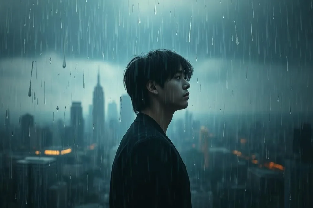A pensive figure stands amid a dreamscape of cascading rain, their face reflecting a spectrum of emotions - wonder, melancholy, contemplation. The rain drops glisten in the soft, ambient lighting, creating a sense of tranquility and introspection. In the middle ground, a blurred cityscape fades into the distance, hinting at the dreamer's waking world. The background is shrouded in a moody, atmospheric mist, suggesting the subconscious realm of the mind. The composition and lighting evoke a serene, ethereal quality, capturing the emotional depth of dreaming in the rain.