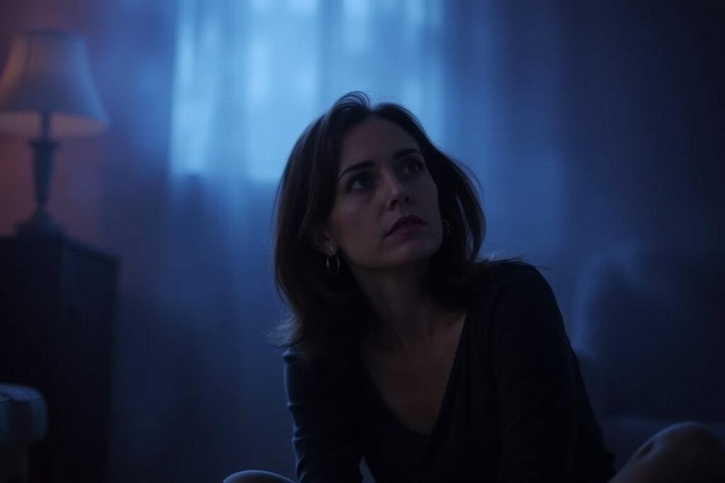 A pensive woman sits in a dimly lit room, lost in thought. Her gaze is distant, as if reflecting on memories from the past. The background fades into a dreamlike haze, suggesting the subconscious realm of dreams. Subtle shades of blue and purple create an introspective atmosphere, while soft, diffused lighting casts a contemplative glow. The woman's expression conveys a sense of longing, hinting at the emotional connections and unresolved feelings evoked by dreaming of an old friend. The scene invites the viewer to explore the psychological complexities of this experience.