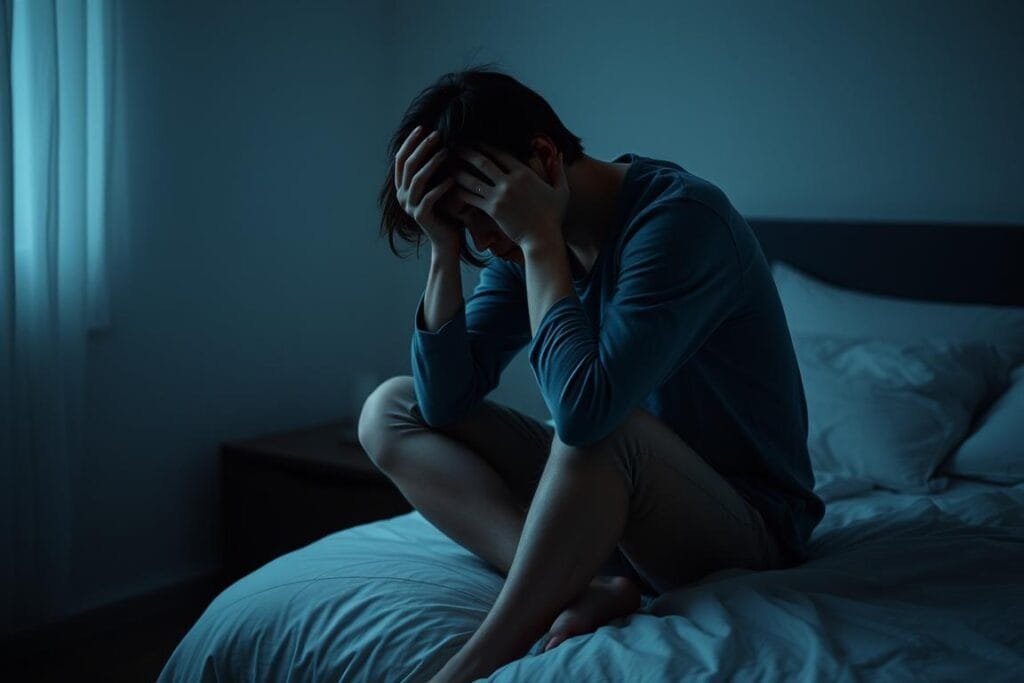 A person sitting on the edge of their bed, gently cradling their head in their hands, lost in contemplation. Soft, muted lighting casts a pensive mood, while the room around them is shrouded in shadows, emphasizing the solitary nature of their struggle. The expression on their face conveys a sense of unease and the lingering effects of a disturbing dream. The composition draws the viewer's focus to the individual, inviting them to empathize with the inner turmoil and the search for ways to find peace and comfort in the aftermath of a troubling subconscious experience.