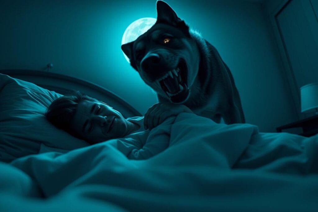 A person sleeping peacefully, while a large, menacing dog stands over them, baring its teeth in a threatening manner. The scene is bathed in an eerie, bluish moonlight, casting ominous shadows across the room. The dog's eyes are glowing, its hackles raised, as it appears to be in the act of lunging towards the sleeping figure. The atmosphere is tense and foreboding, conveying a sense of unease and impending danger. The camera angle is low, placing the viewer in a vulnerable position, as if they are the one being subjected to the dog's attack. The overall mood is one of dread and the pressing need to interpret the meaning behind this unsettling dream.
