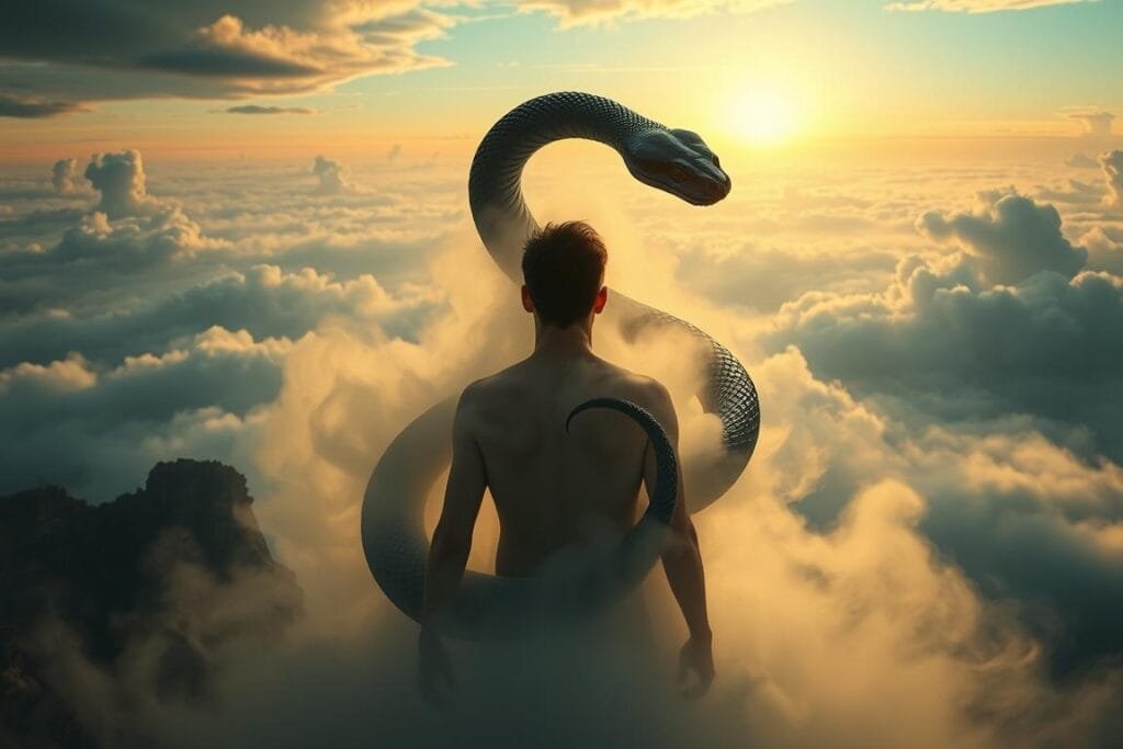 A person undergoing a profound personal transformation, surrounded by a dreamlike landscape. In the foreground, the figure is depicted in silhouette, their body enveloped in a swirling mist of ethereal energy. In the middle ground, a majestic black snake, its scales shimmering, coils around the figure, symbolizing the power and wisdom of this transformative journey. The background is a surreal tapestry of floating islands, wispy clouds, and a distant, luminous horizon, evoking a sense of otherworldly wonder and introspection. Soft, warm lighting illuminates the scene, casting a subtle glow and creating an atmosphere of introspection and self-discovery.