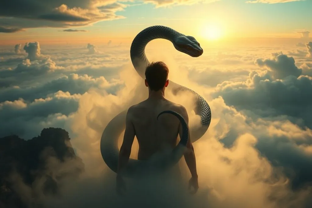 A person undergoing a profound personal transformation, surrounded by a dreamlike landscape. In the foreground, the figure is depicted in silhouette, their body enveloped in a swirling mist of ethereal energy. In the middle ground, a majestic black snake, its scales shimmering, coils around the figure, symbolizing the power and wisdom of this transformative journey. The background is a surreal tapestry of floating islands, wispy clouds, and a distant, luminous horizon, evoking a sense of otherworldly wonder and introspection. Soft, warm lighting illuminates the scene, casting a subtle glow and creating an atmosphere of introspection and self-discovery. A person undergoing a profound personal transformation, surrounded by a dreamlike landscape. In the foreground, the figure is depicted in silhouette, their body enveloped in a swirling mist of ethereal energy. In the middle ground, a majestic black snake, its scales shimmering, coils around the figure, symbolizing the power and wisdom of this transformative journey. The background is a surreal tapestry of floating islands, wispy clouds, and a distant, luminous horizon, evoking a sense of otherworldly wonder and introspection. Soft, warm lighting illuminates the scene, casting a subtle glow and creating an atmosphere of introspection and self-discovery.