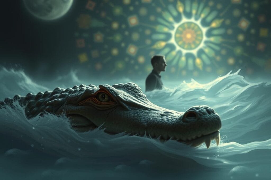 A psychological analysis of a crocodile's dream, depicted through a surreal, dreamlike scene. In the foreground, a crocodile emerges from turbulent waters, its eyes reflecting an otherworldly gaze. The creature's scales glimmer in a soft, ethereal light, hinting at the depth of its subconscious. In the middle ground, a shadowy figure, perhaps a human or a representation of the dreamer, observes the crocodile with a pensive expression. The background is a kaleidoscopic blend of abstract shapes and colors, evoking the enigmatic nature of the subconscious mind. The overall mood is one of introspection and the interplay between the conscious and the unconscious realms. Rendered in a soft, impressionistic style with a muted color palette to heighten the dreamlike quality.