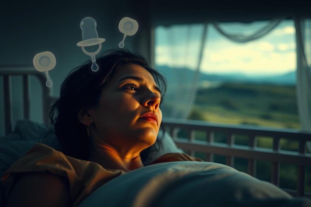 A scene of emotional triggers for baby dreams. In the foreground, a figure experiences a vivid and visceral dream, their expression reflecting deep longing and vulnerability. Surrounding them, symbolic imagery emerges - a crib, a rattle, a pacifier, all casting a soft, warm glow. In the background, a blurred landscape suggests the subconscious realm, with subtle hints of motherhood and nurturing. The lighting is muted, casting a dreamlike atmosphere, while the camera angle is intimate, drawing the viewer into the emotional experience. Overall, the image conveys the complex and profound emotions that can underlie dreams of babies and childbirth.