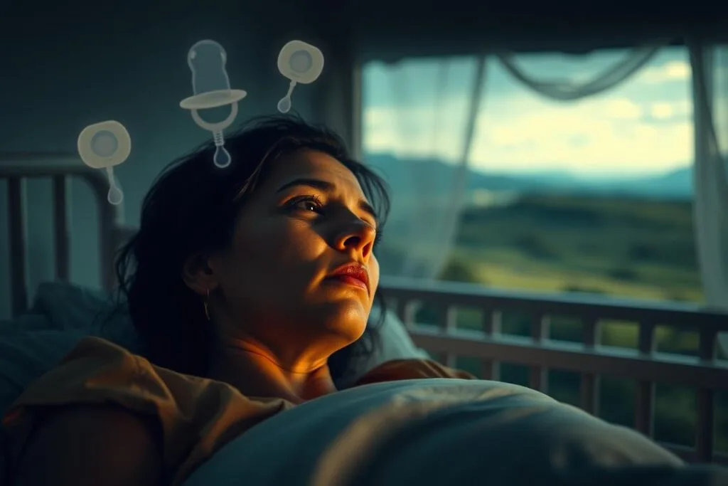 A scene of emotional triggers for baby dreams. In the foreground, a figure experiences a vivid and visceral dream, their expression reflecting deep longing and vulnerability. Surrounding them, symbolic imagery emerges - a crib, a rattle, a pacifier, all casting a soft, warm glow. In the background, a blurred landscape suggests the subconscious realm, with subtle hints of motherhood and nurturing. The lighting is muted, casting a dreamlike atmosphere, while the camera angle is intimate, drawing the viewer into the emotional experience. Overall, the image conveys the complex and profound emotions that can underlie dreams of babies and childbirth. A scene of emotional triggers for baby dreams. In the foreground, a figure experiences a vivid and visceral dream, their expression reflecting deep longing and vulnerability. Surrounding them, symbolic imagery emerges - a crib, a rattle, a pacifier, all casting a soft, warm glow. In the background, a blurred landscape suggests the subconscious realm, with subtle hints of motherhood and nurturing. The lighting is muted, casting a dreamlike atmosphere, while the camera angle is intimate, drawing the viewer into the emotional experience. Overall, the image conveys the complex and profound emotions that can underlie dreams of babies and childbirth.