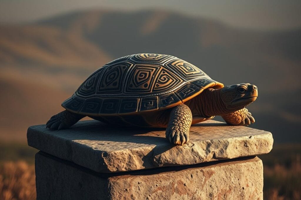 A serene and contemplative biblical turtle resting on a weathered stone plinth, its shell adorned with intricate patterns representing the wisdom and longevity associated with the creature in ancient religious symbolism. The turtle is bathed in soft, warm lighting, casting subtle shadows that imbue the scene with a timeless, spiritual atmosphere. The background features a hazy, ethereal landscape with subdued tones, evoking a sense of the divine and the mystical. The overall composition conveys a sense of reverence and contemplation, inviting the viewer to reflect on the deeper, symbolic meaning of the turtle in the context of biblical teachings and spiritual enlightenment.
