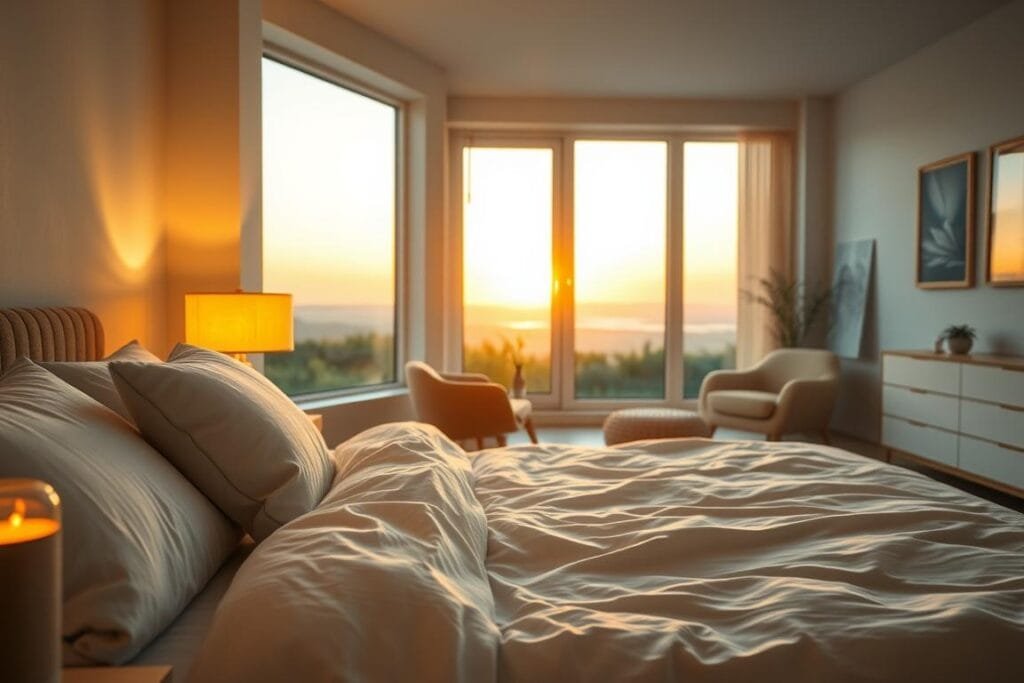 A serene bedroom scene with warm, soft lighting illuminating the space. In the foreground, a comfortable bed with plush bedding and pillows invites relaxation. On the nightstand, a reading lamp and a soothing essential oil diffuser emit a calming scent. In the middle ground, a large window overlooks a peaceful landscape, with the setting sun casting a gentle glow. The background features tranquil artwork and minimal, clean-lined furniture, creating a sanctuary for restful sleep. The overall atmosphere is one of tranquility, comfort, and an invitation to unwind and recharge.